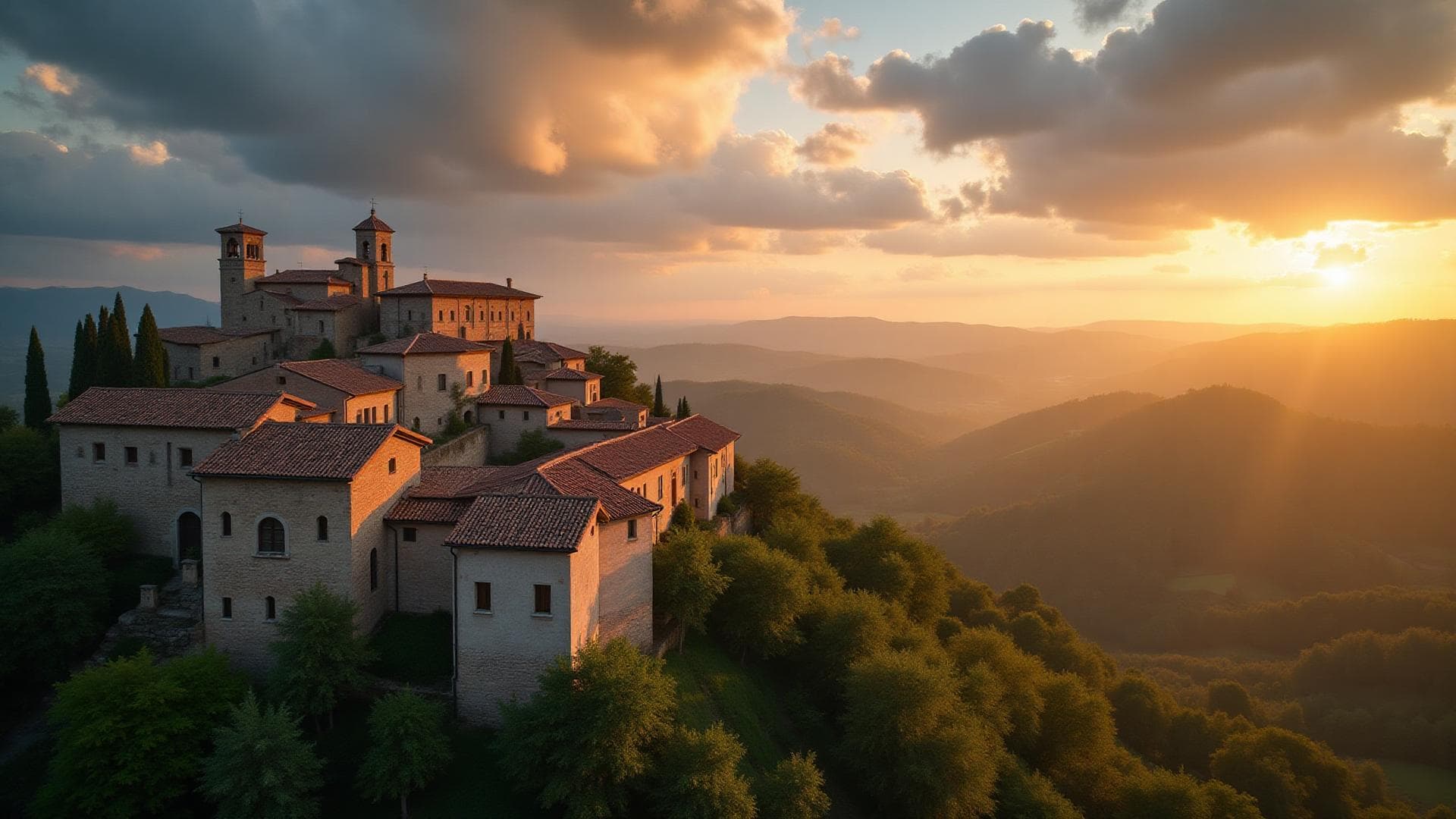 Panorama delle Colline Metallifere toscane con vapori geotermici, borgo medievale di Monterotondo Marittimo e macchia mediterranea