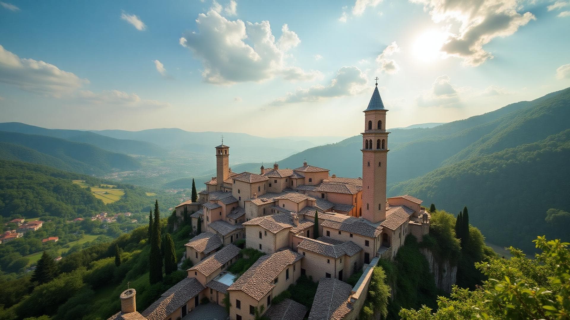 Veduta di Acquapendente, borgo medievale sulla Via Francigena tra le colline della Tuscia viterbese con boschi di castagni e uliveti